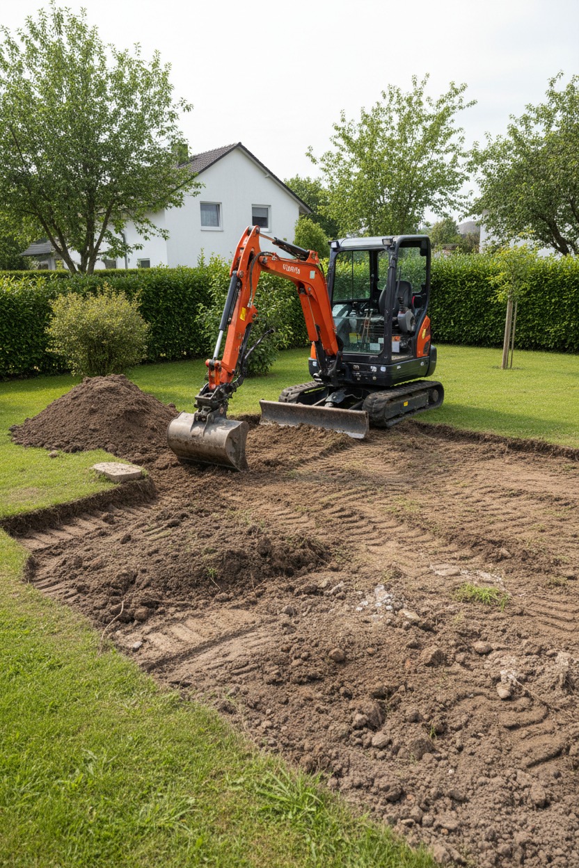 Ein orangefarbener Minibagger hebt Erde in einem Garten aus.