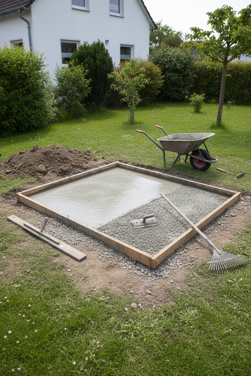 Eine quadratische Holzschalung mit frisch gegossenem Beton und Kies liegt auf einer Rasenfläche neben einer Schubkarre und Gartenwerkzeugen.