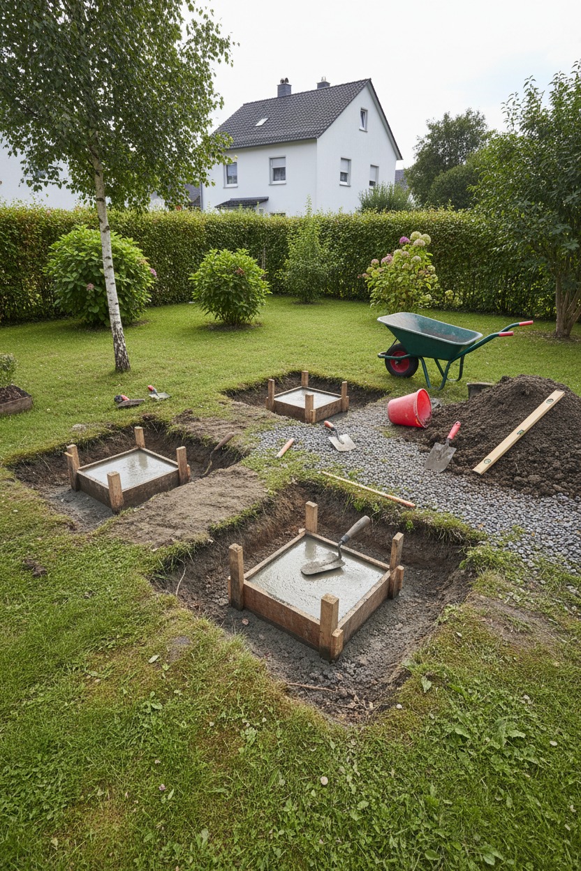 Drei quadratische Betonfundamente mit Holzschalung befinden sich in einem Garten mit einer Schubkarre und verschiedenen Werkzeugen.