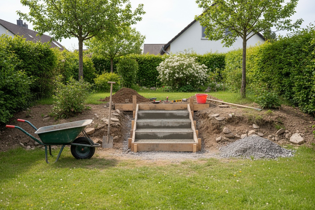 Eine frisch betonierte Gartentreppe mit Holzschalung steht inmitten einer Baustelle mit Schubkarre, Schaufel und Kieshaufen.